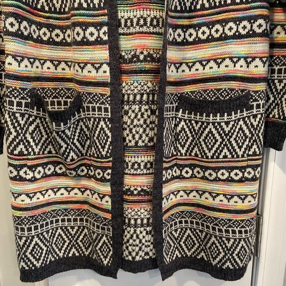 Monteau Size M Neon Stripe Black Cream Aztec Knit Open Front Hooded Cardigan